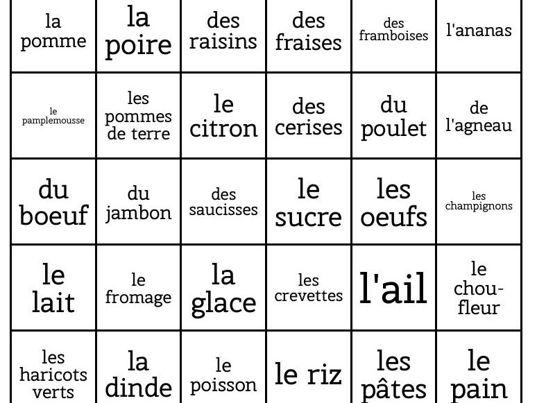 Bingo cards - French la nourriture