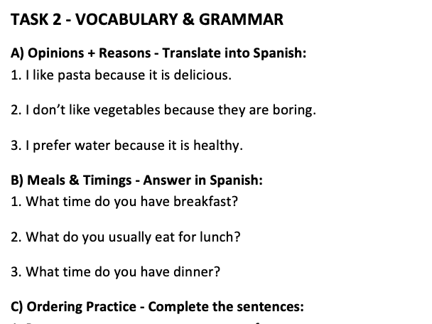 Year 8 – Food & Ordering in a Café/Restaurant