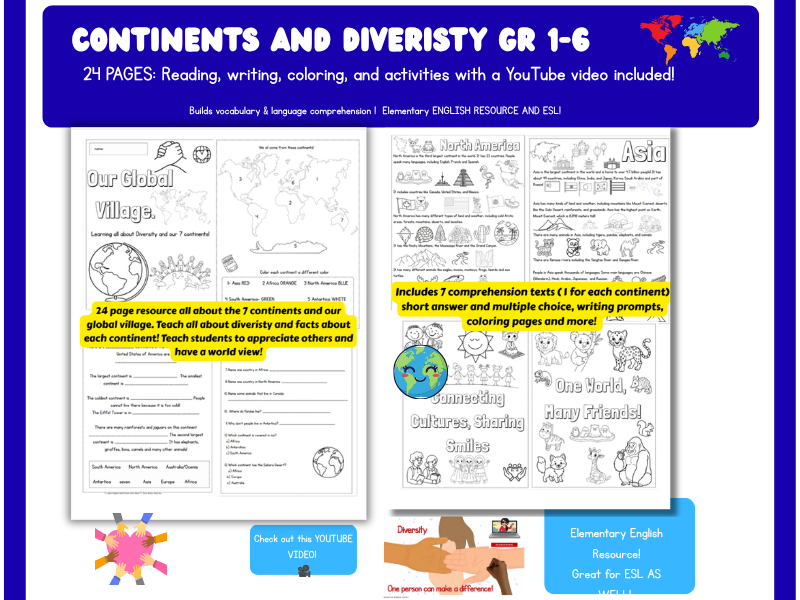 7 continents/ Our Global Villlage / Primary/Junior ENGLISH Resource- 24 pages!