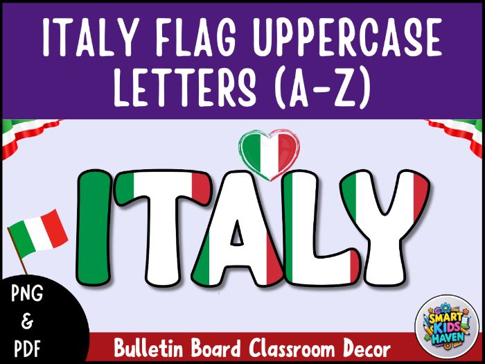 Italy Flag Bulletin Board Letters Uppercase Alphabet A-Z Classroom Decor.