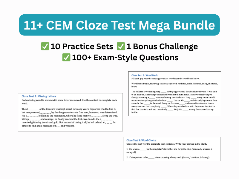 11+ CEM Cloze Test Mega Bundle – 10 Practice Sets + Bonus Final Challenge (with Answers)