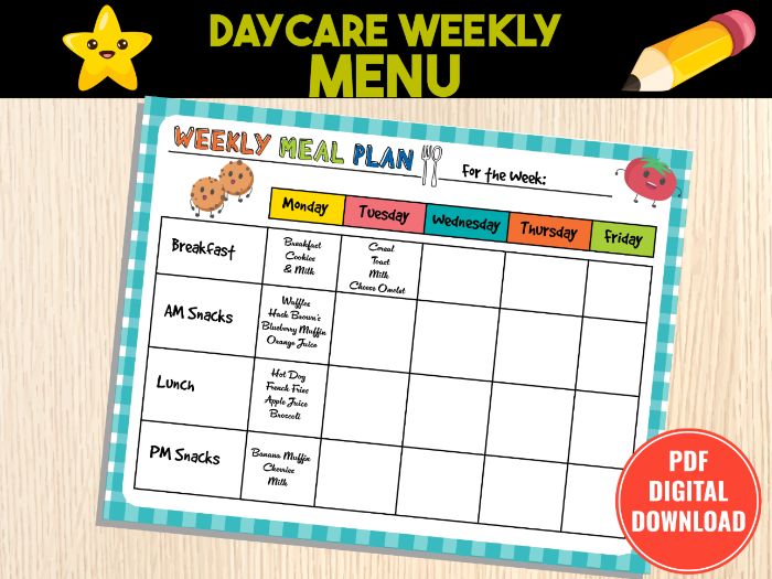 Weekly Daycare Menu Template | Childcare Meal Planner