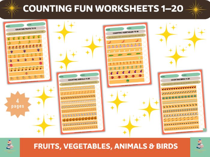 Counting Fun Worksheets 1–20 | Fruits, Vegetables, Animals and Birds