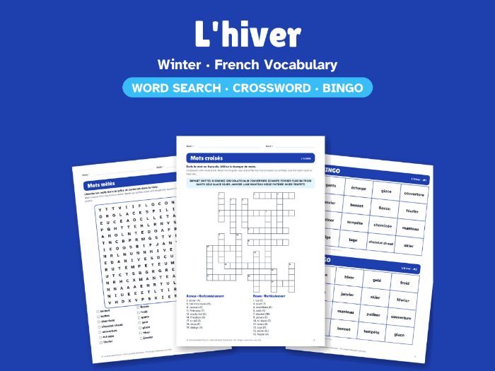 Winter in French: Word Search, Crossword & Bingo