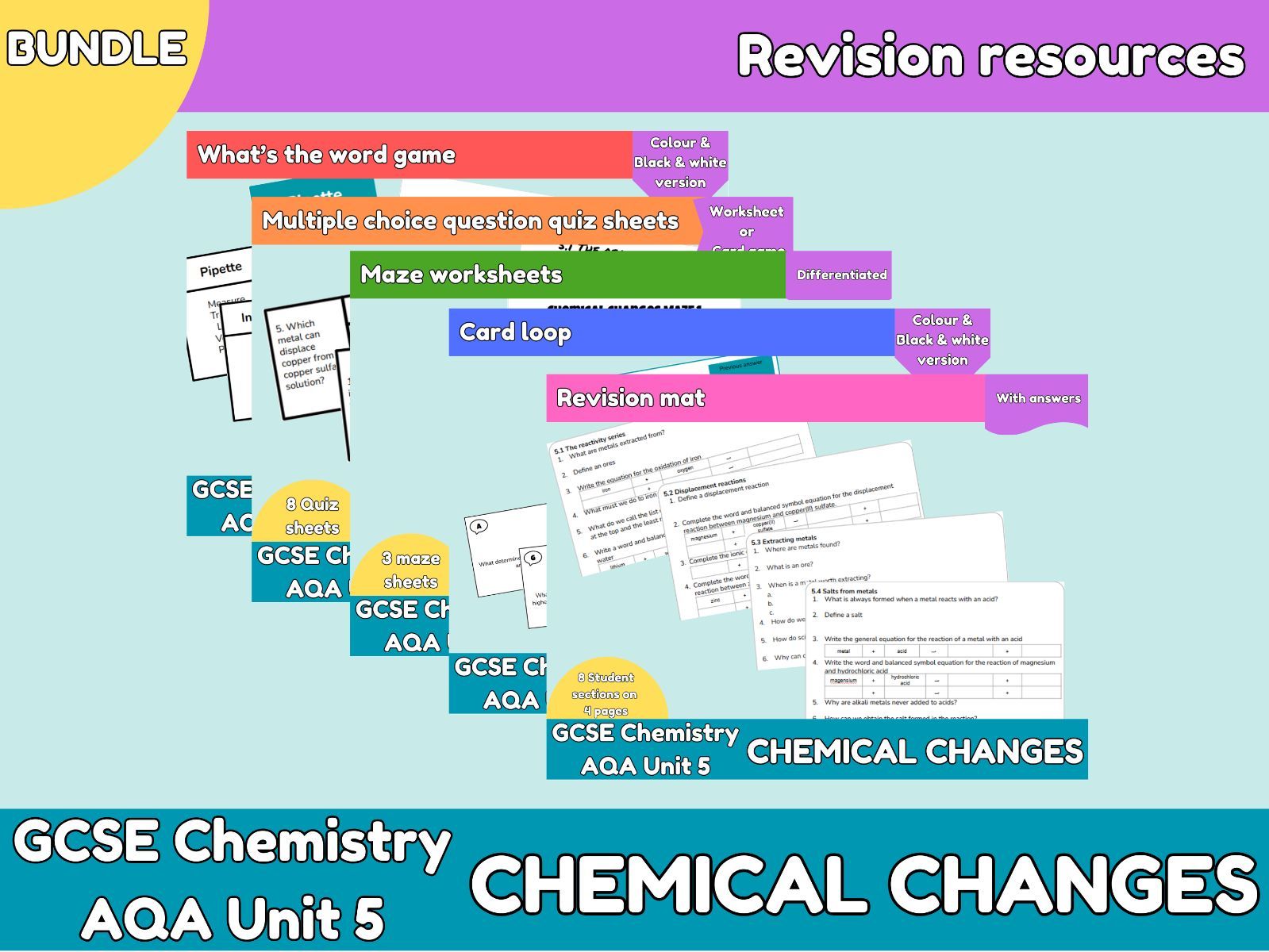 AQA GCSE Unit 5 Chemistry Chemical changes Revision Bundle | Games, Worksheets & Activities