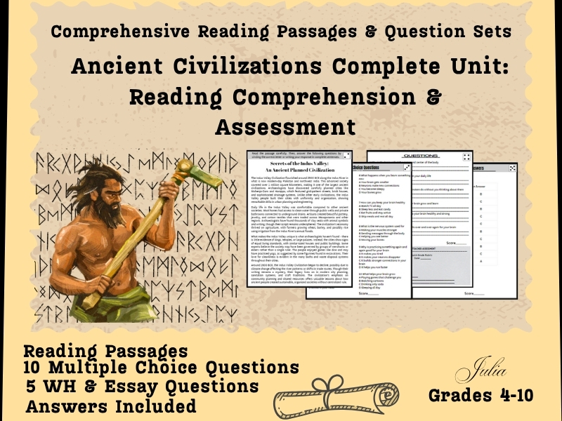 Ancient Civilizations Complete Unit: Reading Comprehension & Assessment Bundle | Questions Worksheet