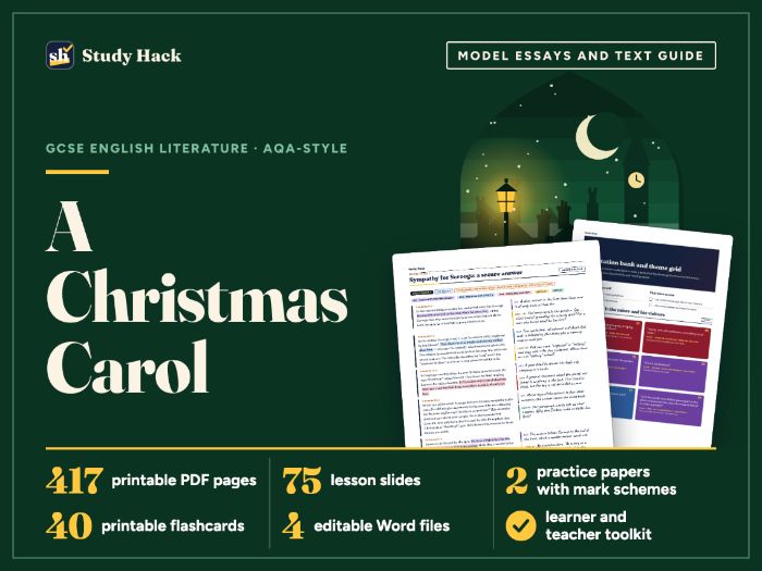GCSE English Literature A Christmas Carol: AQA-style model essays, workbook and lessons