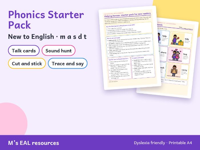 Helping at Home and School: Phonics Starter Pack for New-to-English Learners (m a s d t)