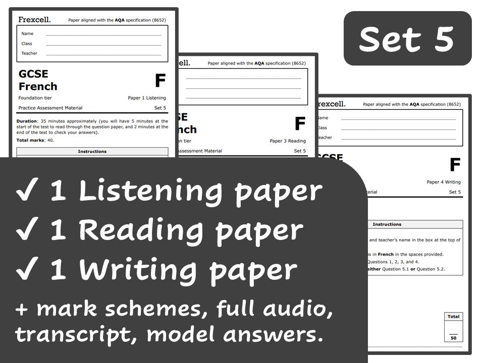 AQA GCSE French (2026) – Foundation Practice Paper Pack (Set 5)