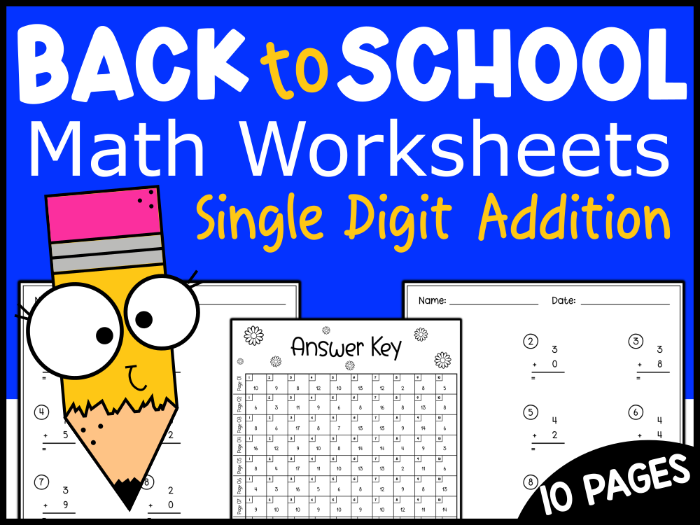 Back to School Math Activities and Worksheets Single Digit Addition