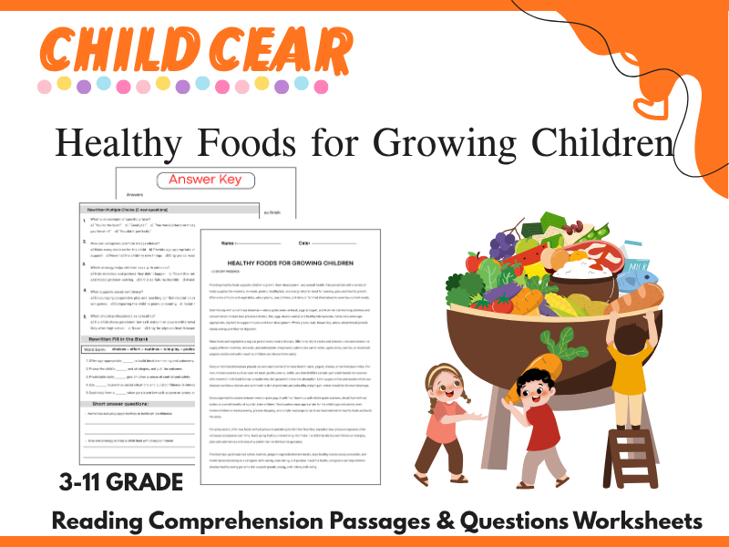 Healthy Foods for Growing Children reading Comprehension Passages & Questions Worksheets