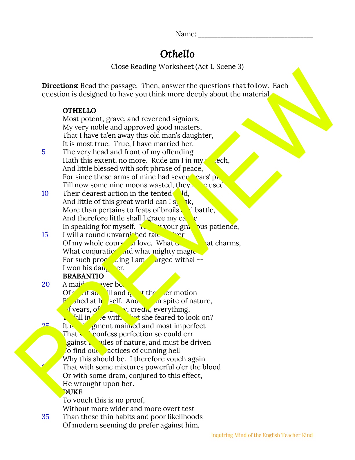 Othello Close Reading Worksheet Act 1 Scene 3 Teaching Resources Othello Close Reading Worksheet Act 1 Scene 3 Teaching Resources
