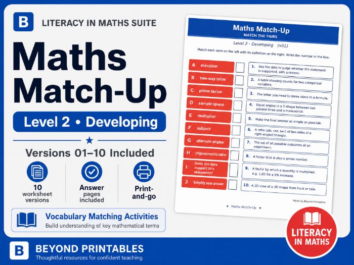 Maths Literacy Match-Up – Level 2 Developing | 10 Worksheets, Answers & PowerPoint