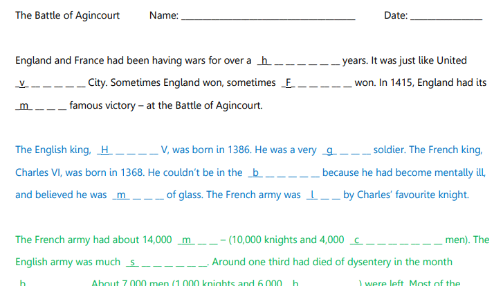 Agincourt Cloze and Questions Differentiated x 6 | Teaching Resources