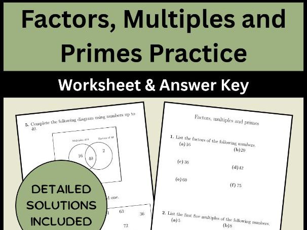 Factors, Multiples and Primes Practice Worksheet & Answer Key