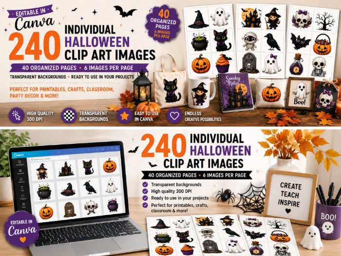 240 Halloween Clip Art Images for Teachers | Editable Canva Clipart Collection | 40 Organized Pages