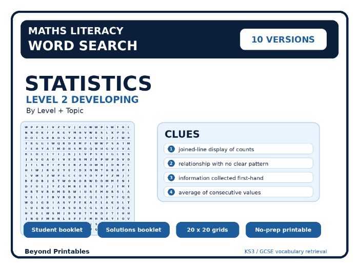 Statistics Level 2 Maths Word Search | 10 Printable Vocabulary Puzzles with Solutions