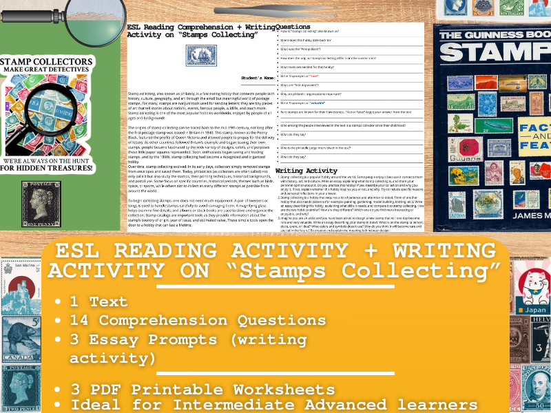 ESL Reading Comprehension + Writing Activity Worksheets on "Stamps Collecting"
