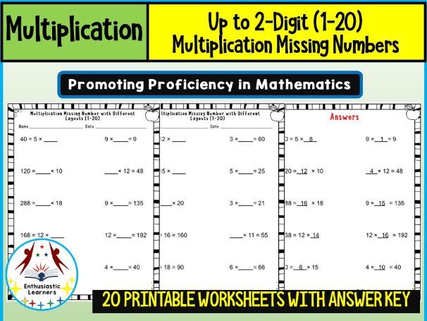 Up to 2-Digit Multiplication Missing Numbers (1–20) Worksheets Math Problems