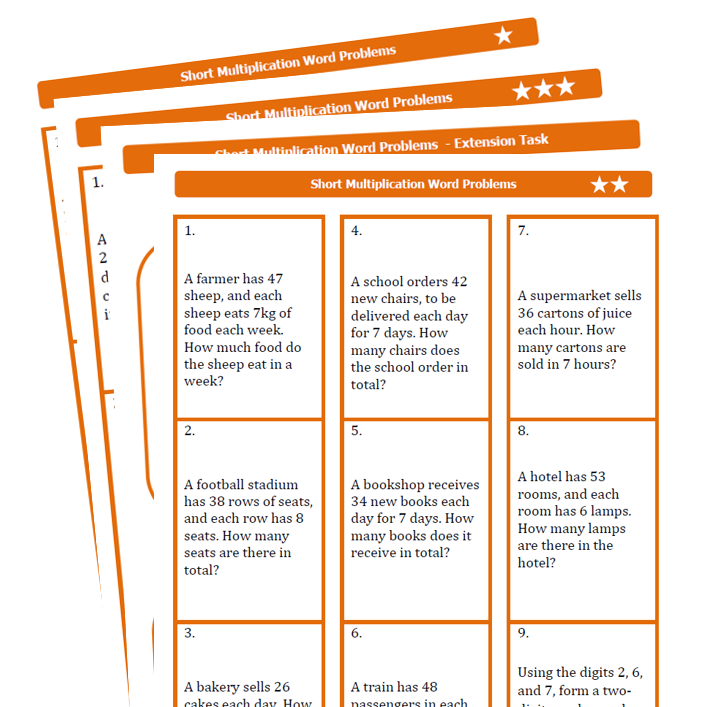 Short multiplication word problems teaching resources