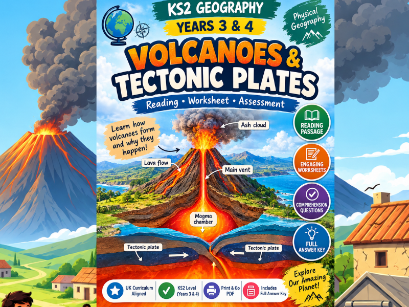 KS2 Volcanoes & Plate Tectonics Worksheets & Reading Comprehension Bundle | Years 3 & 4 Geography