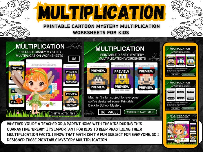 PRINTABLE cartoon MYSTERY MULTIPLICATION WORKSHEETS