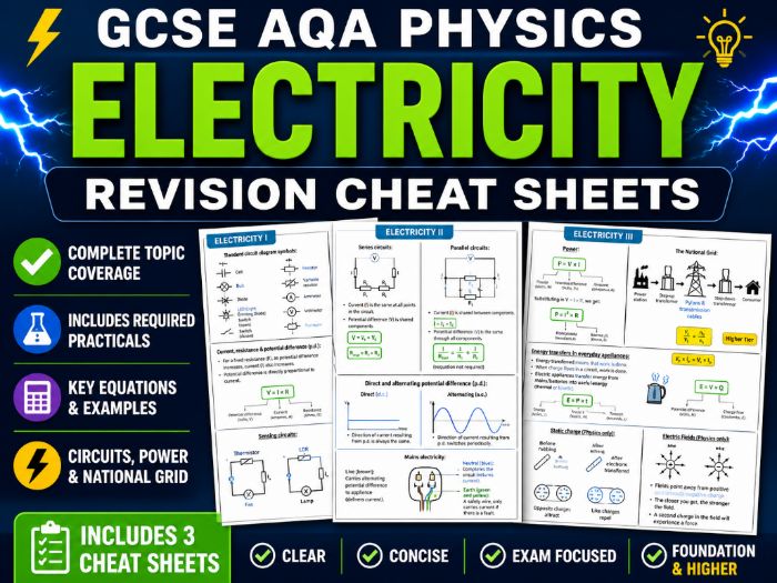 GCSE AQA Physics Electricity Revision Cheat Sheets (Complete Topic + Required Practicals)