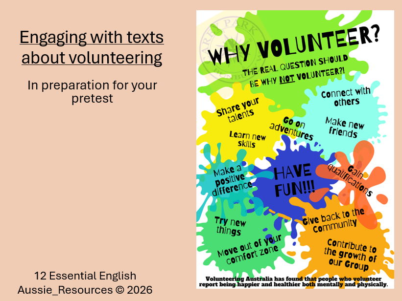 12 Essential English – CIA Exam Prep (QLD) - Engaging with texts about volunteering + colours