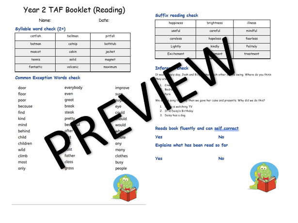 Year 2 TAF Reading Pupil Record Sheet