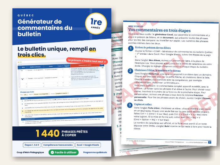 French Report Card Comments Québec Grade 1 | Commentaires bulletin 1re année