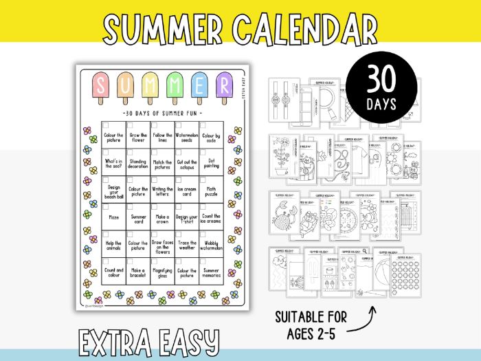 Summer Holiday Activity Calendar for Kids - 30 Days (Extra Easy)