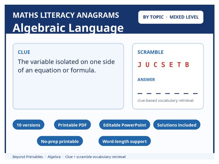 Maths Anagrams Algebraic Language | Vocabulary Retrieval PDF + PowerPoint