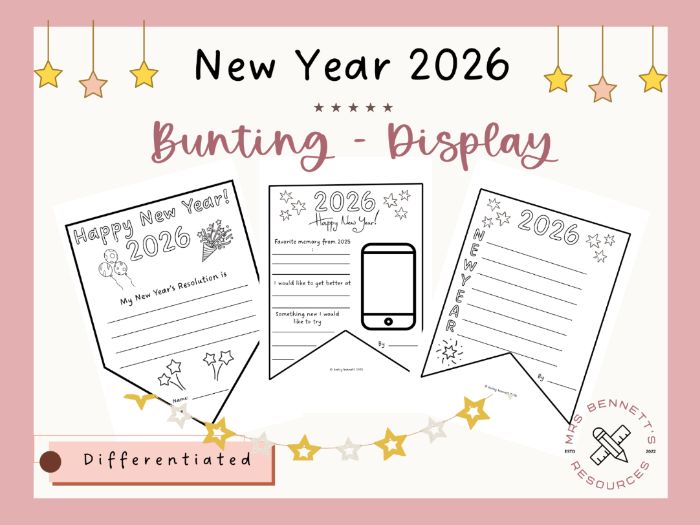New Year 2026 Differentiated Bunting with Resolutions Writing and Colouring