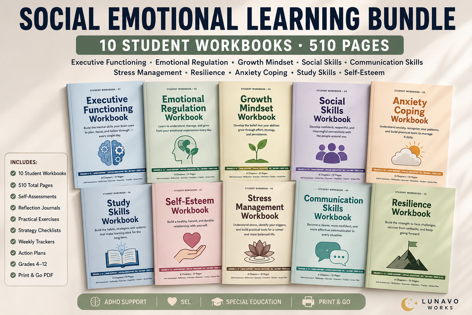 SEL Workbook Bundle for Students | Wellbeing, Study Skills & Executive Functioning
