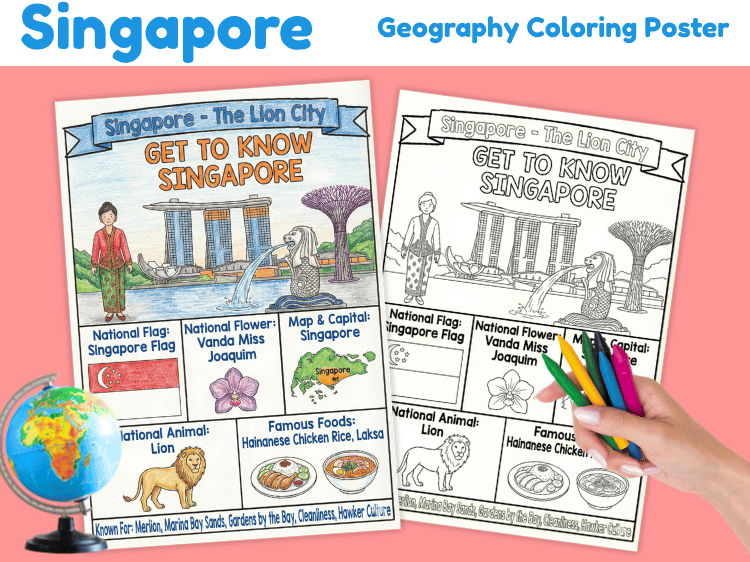 Singapore Geography Coloring Poster | Country Facts & Landmarks