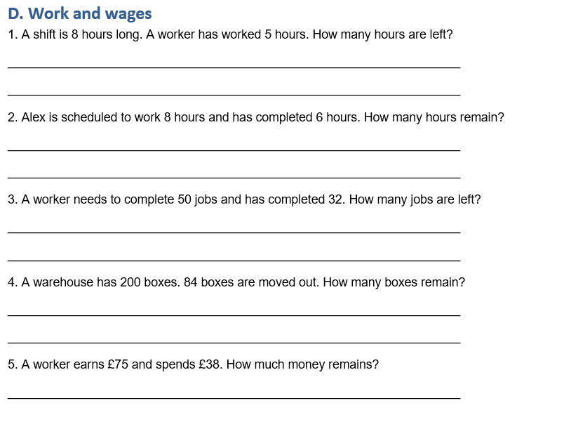 Functional skills level 1 Maths subtraction worksheet/booklet