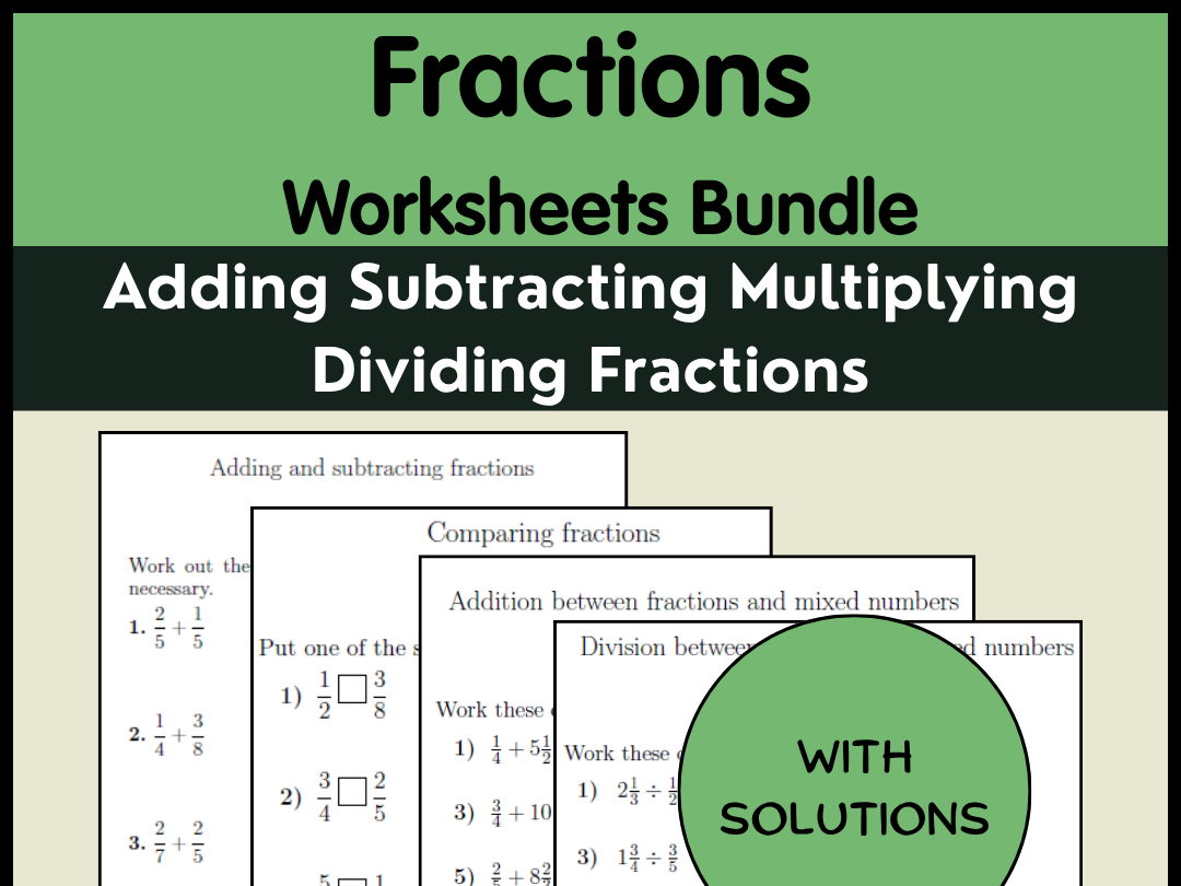 Fractions Worksheets Bundle | Adding Subtracting Multiplying Dividing Fractions