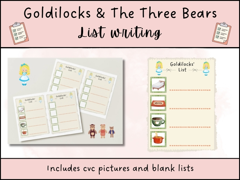 Goldilocks CVC List Writing Phonics Activity