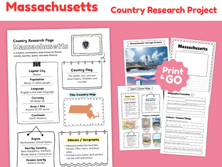 Massachusetts State Research Project | US Geography & State Study Worksheets