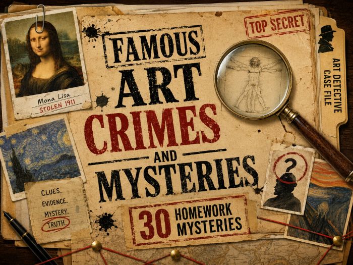 Famous Art Crimes & Mysteries | 30 Art Detective Homework Activities | KS3 Art Cover Work & Literacy