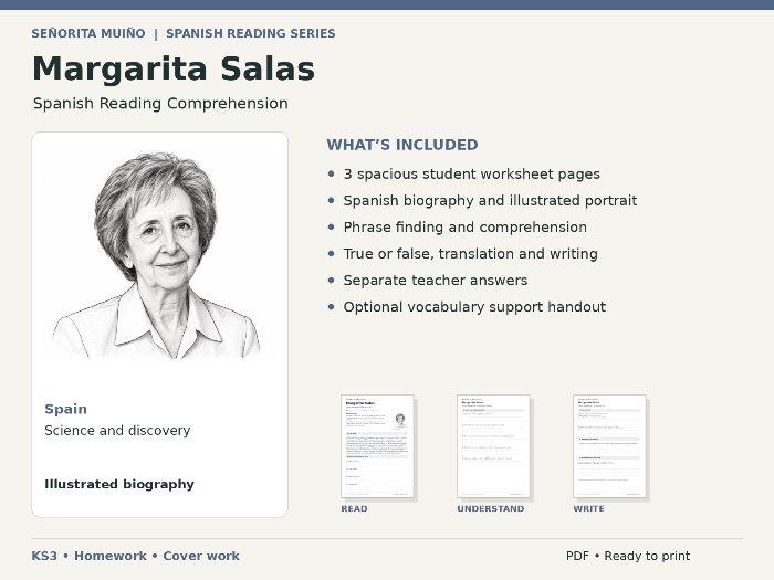 Margarita Salas - KS3 Spanish Reading Comprehension - Science, Homework & Cover