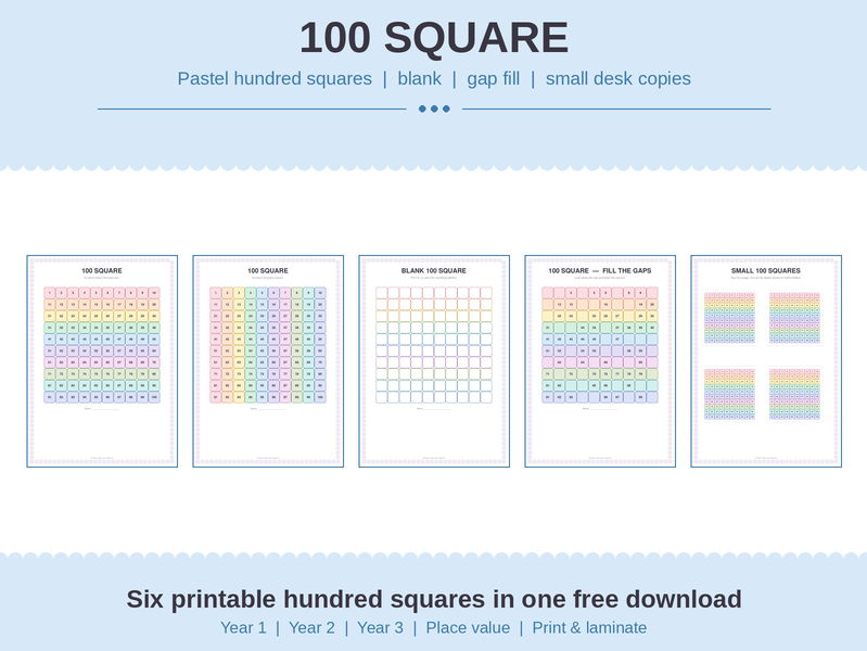 FREE 100 Square | Pastel Hundred Square, Blank & Gap Fill | KS1 & KS2 Maths