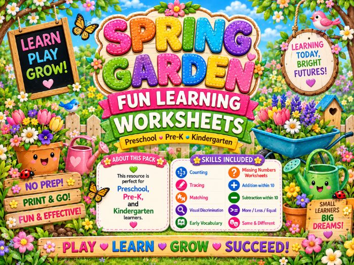 Spring Garden Worksheets | Preschool Math Tracing & Matching Activities Pre-K Kindergarten