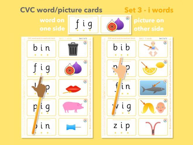 CVC 'i' word/picture cards - Double-sided (Set 3 of 5)