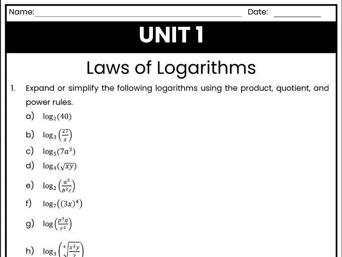 IB Math AI Worksheet AHL 1.9 - Laws of Logarithms
