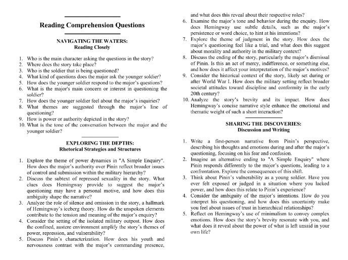 A Simple Enquiry by Ernest Hemingway with Reading Comprehension Questions