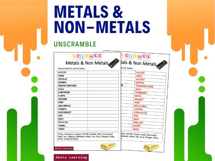 METALS AND NON METALS SCIENCE ACTIVITY SCRAMBLE WORDS UNSCRAMBLE VOCABULARY WORD Teaching