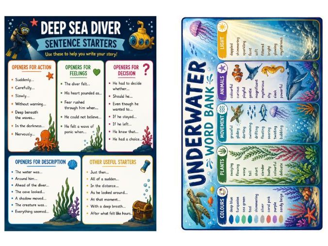 Blue Abyss Resources: Word Bank, Sentence Starters, Title Poster for Display