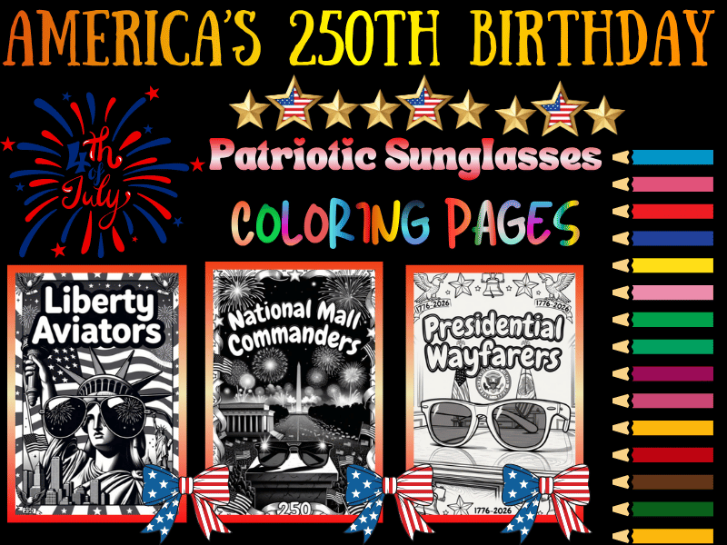 4th of July Coloring Pages for Kids - America's 250th Birthday Sunglasses Pack