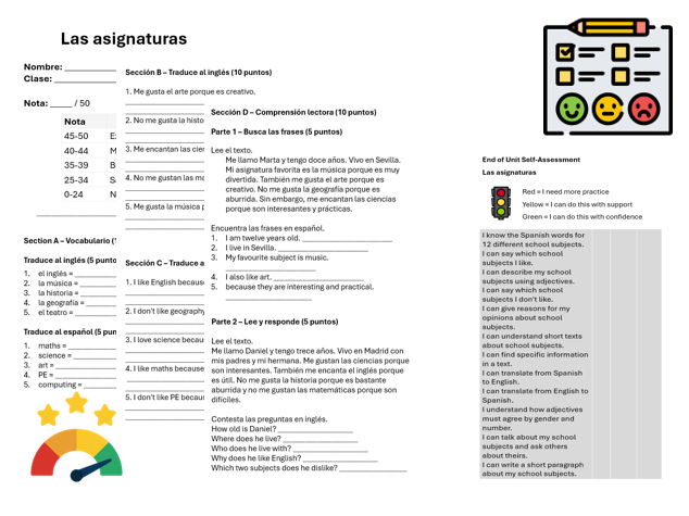 School Subjects (Spanish) – Assessment, Mark Scheme & Self Assessment